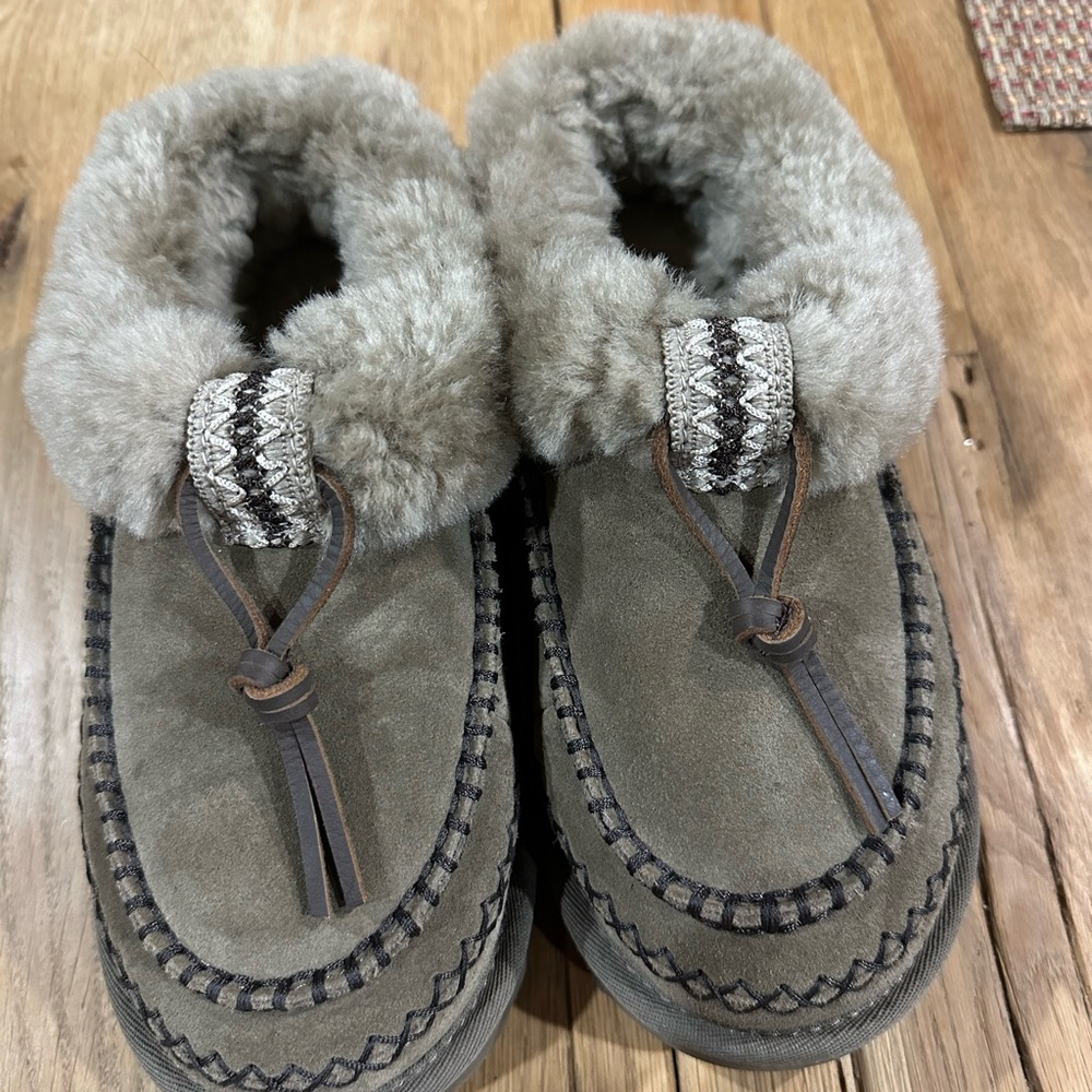 UGG Taupe Suede Slippers with Fur Trim